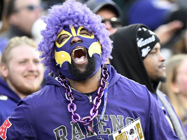 BALTIMORE, MARYLAND - DECEMBER 04: A Baltimore Ravens fan cheers during the game against the Denver Broncos at M&T Bank Stadium on December 04, 2022 in Baltimore, Maryland.