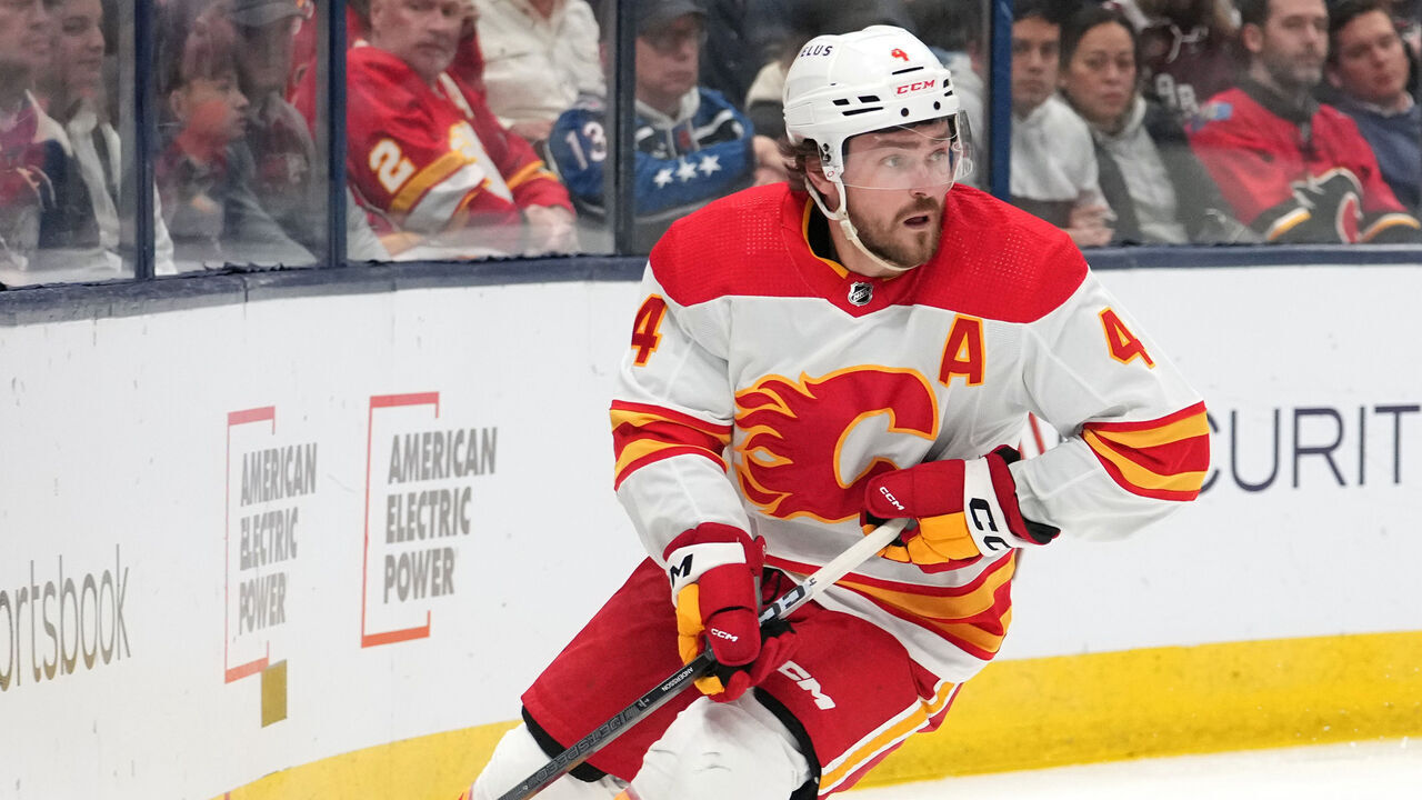 COLUMBUS, OHIO - OCTOBER 20: Rasmus Andersson #4 of the Calgary Flames skates with the puck during the second period against the Columbus Blue Jackets at Nationwide Arena on October 20, 2023 in Columbus, Ohio.