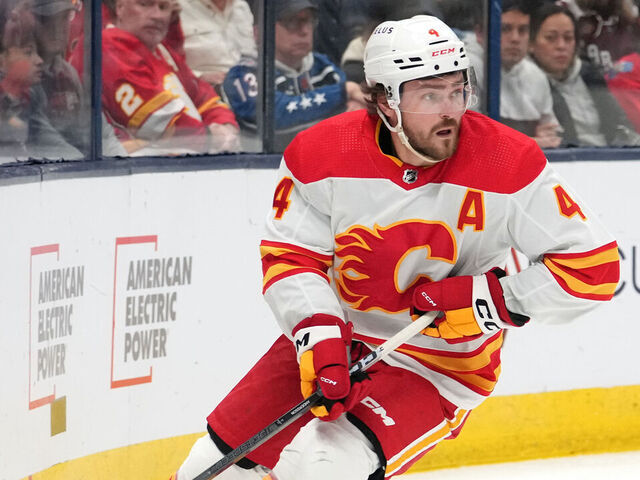 COLUMBUS, OHIO - OCTOBER 20: Rasmus Andersson #4 of the Calgary Flames skates with the puck during the second period against the Columbus Blue Jackets at Nationwide Arena on October 20, 2023 in Columbus, Ohio.