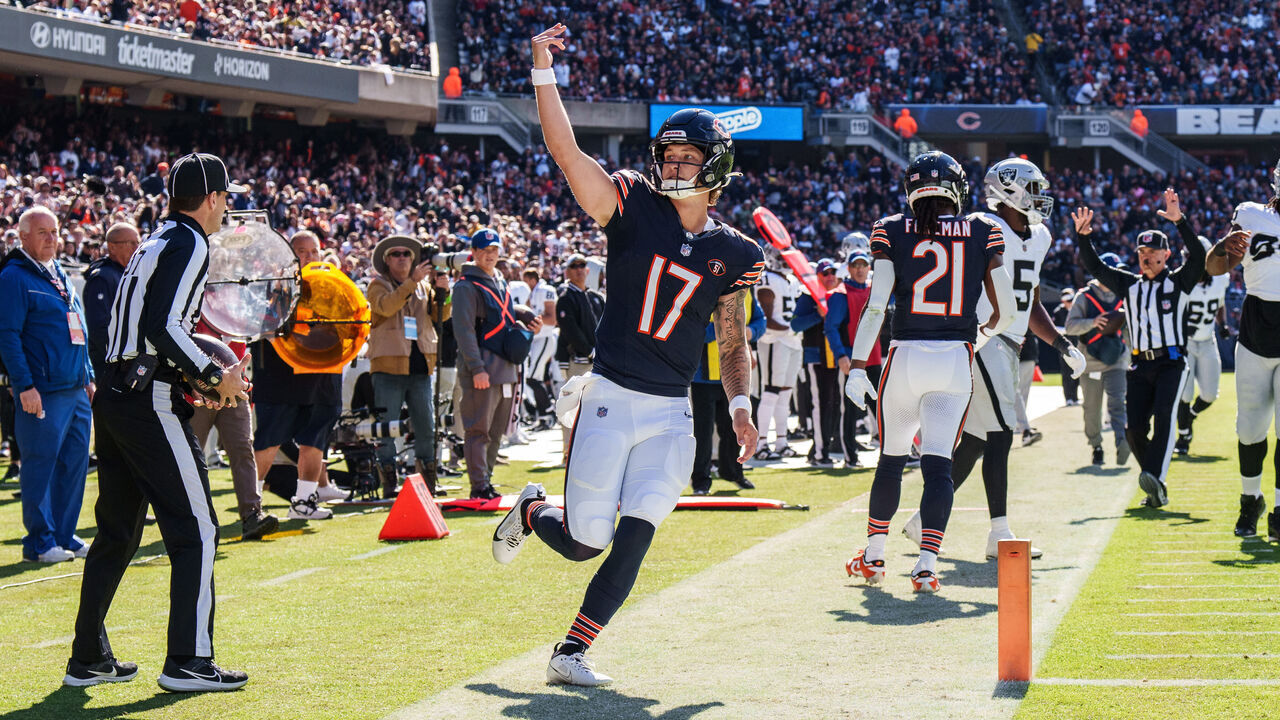 CHICAGO, IL - OCTOBER 22: Quarterback Tyson Bagent #17 of the Chicago Bears gestures to the fans during an NFL football game against the Las Vegas Raiders at Soldier Field on October 22, 2023 in Chicago, Illinois.