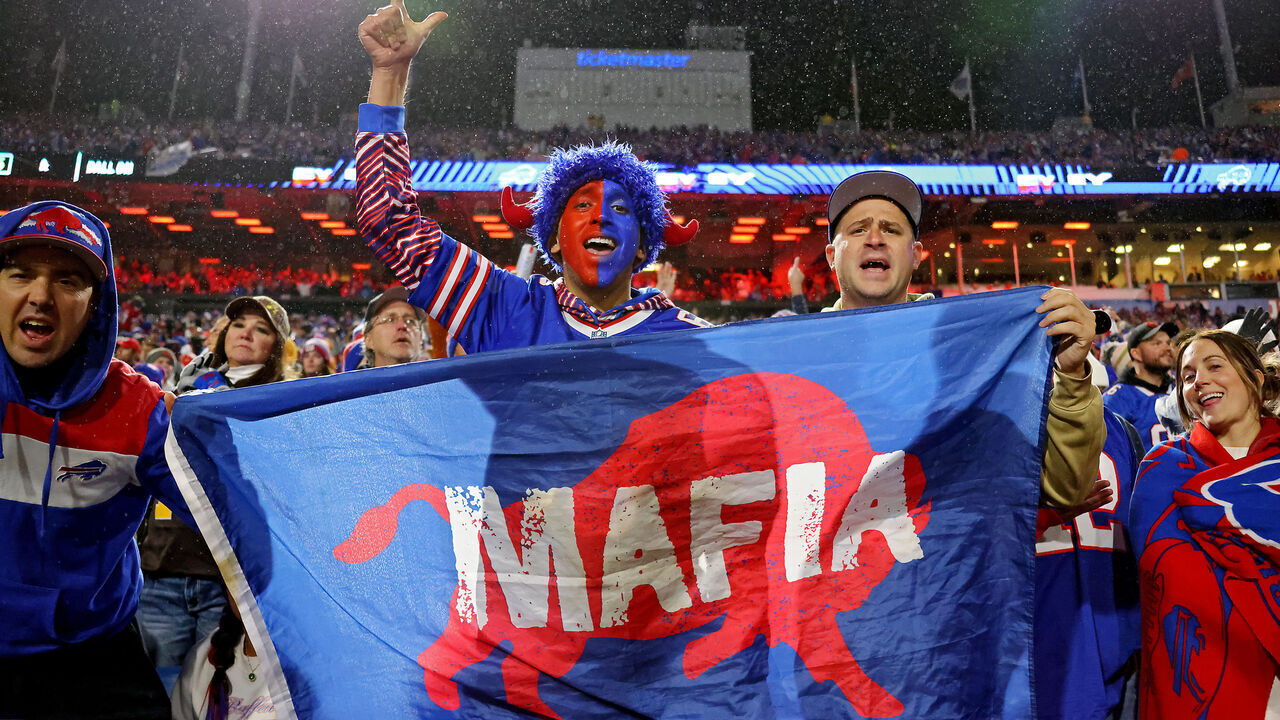 ORCHARD PARK, NEW YORK - OCTOBER 15: Buffalo Bills fans cheer in the fourth quarter of a game against the New York Giants at Highmark Stadium on October 15, 2023 in Orchard Park, New York.