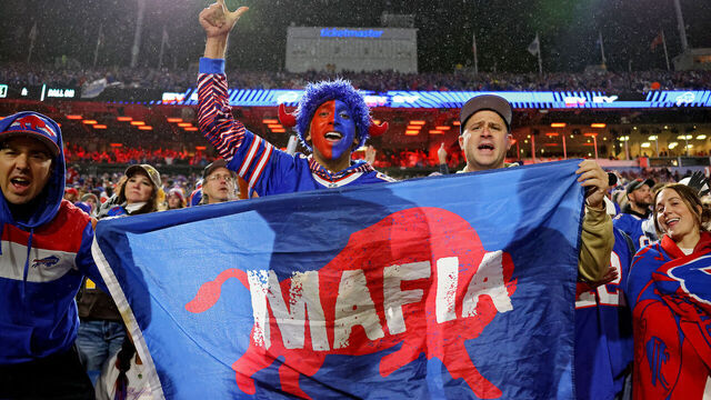 ORCHARD PARK, NEW YORK - OCTOBER 15: Buffalo Bills fans cheer in the fourth quarter of a game against the New York Giants at Highmark Stadium on October 15, 2023 in Orchard Park, New York.