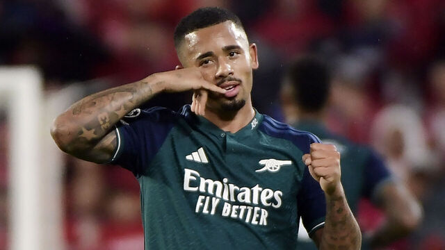 Arsenal's Brazilian forward #09 Gabriel Jesus celebrates scoring his team's second goal during the UEFA Champions League 1st round day 3 Group B football match between Sevilla FC and Arsenal at the Ramon Sanchez Pizjuan stadium in Seville on October 24, 2023.
