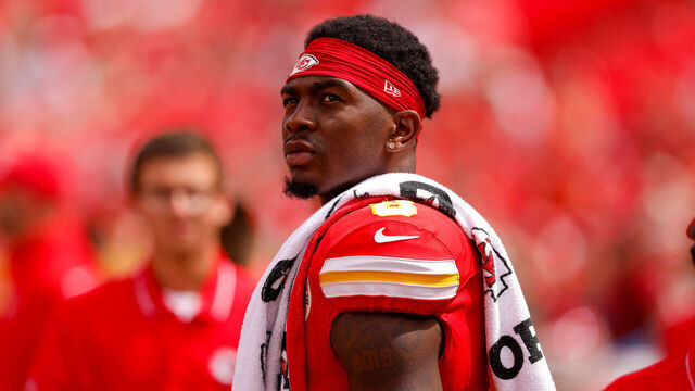 KANSAS CITY, MISSOURI - AUGUST 26: Justyn Ross #8 of the Kansas City Chiefs stands on the sidelines during the fourth quarter of a preseason game against the Cleveland Browns at GEHA Field at Arrowhead Stadium on August 26, 2023 in Kansas City, Missouri.