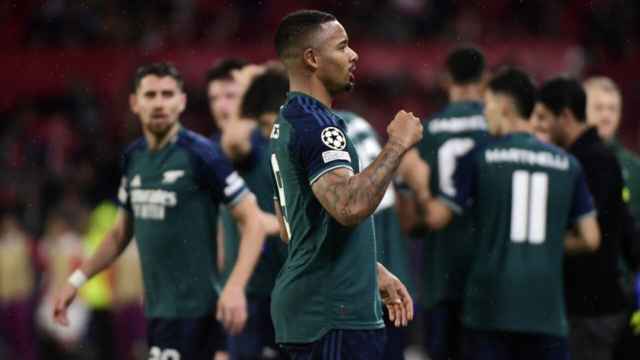 Arsenal's Brazilian forward #09 Gabriel Jesus celebrates scoring his team's second goal during the UEFA Champions League 1st round day 3 Group B football match between Sevilla FC and Arsenal at the Ramon Sanchez Pizjuan stadium in Seville on October 24, 2023.