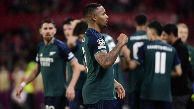 Arsenal's Brazilian forward #09 Gabriel Jesus celebrates scoring his team's second goal during the UEFA Champions League 1st round day 3 Group B football match between Sevilla FC and Arsenal at the Ramon Sanchez Pizjuan stadium in Seville on October 24, 2023.