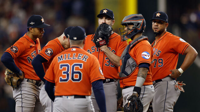 ARLINGTON, TX - OCTOBER 20: Justin Verlander #35, Martín Maldonado #15, pitching coach Joshua Miller #36, Jeremy Pena #3 and Jose Abreu #79 of the Houston Astros meet on the mound in the sixth inning during Game 5 of the ALCS between the Houston Astros and the Texas Rangers at Globe Life Field on Friday, October 20, 2023 in Arlington, Texas.