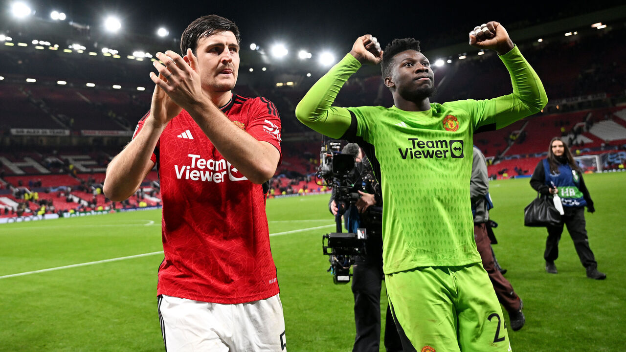 MANCHESTER, ENGLAND - OCTOBER 24: Andre Onana and Harry Maguire of Manchester United celebrate after the team's victory during the UEFA Champions League match between Manchester United and F.C. Copenhagen at Old Trafford on October 24, 2023 in Manchester, England.