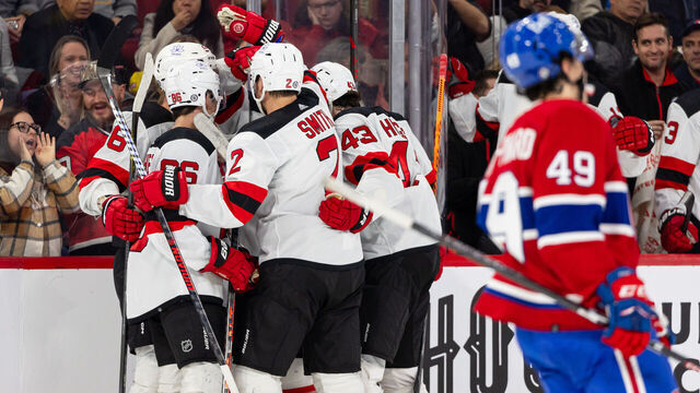 MONTREAL, CANADA - OCTOBER 24: Tyler Toffoli #73 of the New Jersey Devils celebrates after a goal during the second period of the NHL regular season game against the Montreal Canadiens at the Bell Centre on October 24, 2023 in Montreal, Quebec, Canada.