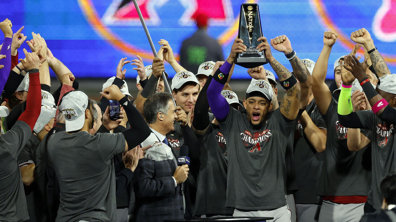 PHILADELPHIA, PENNSYLVANIA - OCTOBER 24: Ketel Marte #4 of the Arizona Diamondbacks celebrates after being named the NLCS MVP after Game Seven of the Championship Series against the Philadelphia Phillies at Citizens Bank Park on October 24, 2023 in Philadelphia, Pennsylvania.