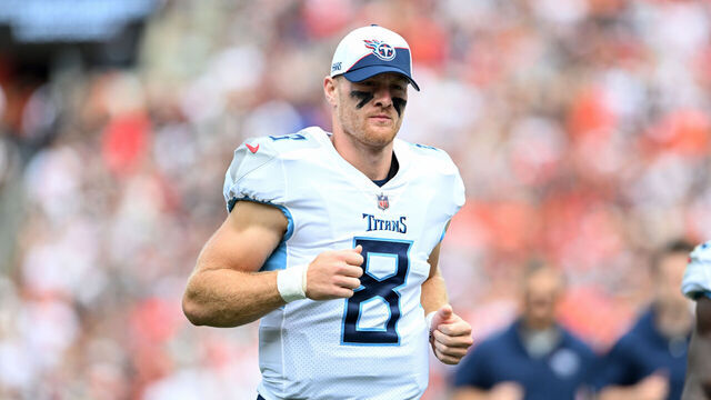 CLEVELAND, OHIO - SEPTEMBER 24: Will Levis #8 of the Tennessee Titans runs off the field at halftime against the Cleveland Browns at Cleveland Browns Stadium on September 24, 2023 in Cleveland, Ohio.
