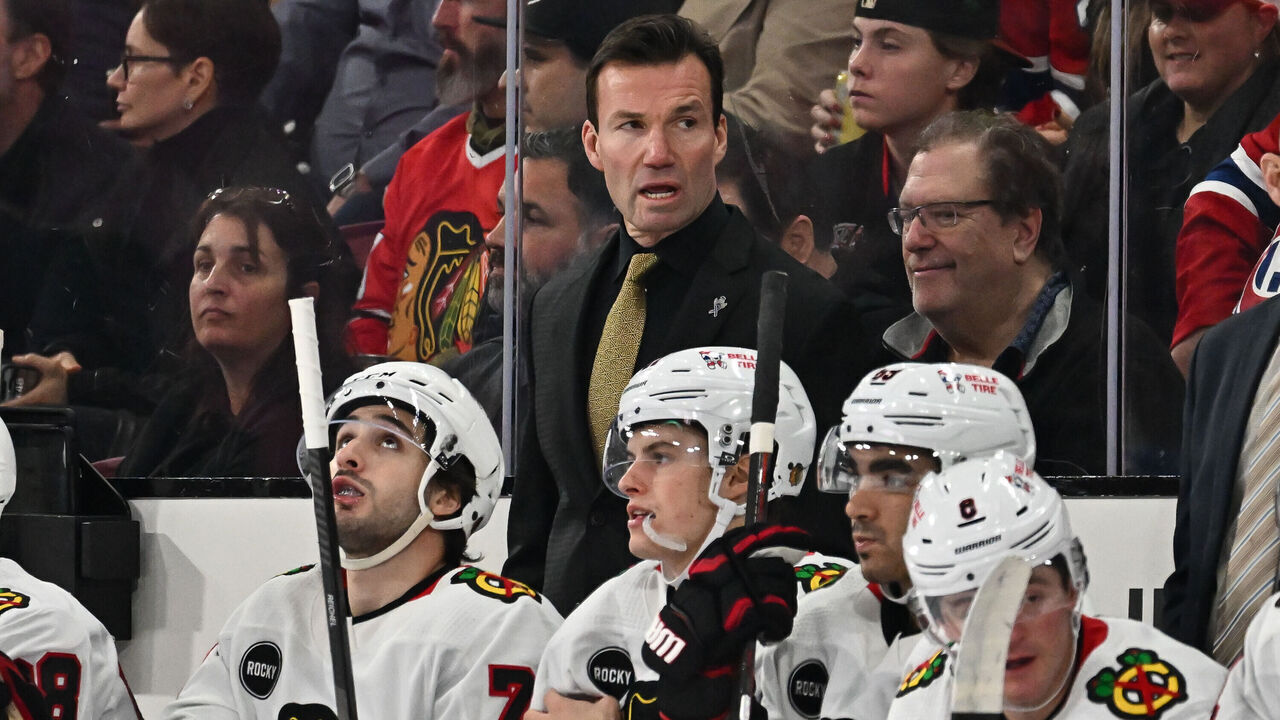 MONTREAL, CANADA - OCTOBER 14: Head coach of the Chicago Blackhawks Luke Richardson, handles bench duties during the first period against the Montreal Canadiens at the Bell Centre on October 14, 2023 in Montreal, Quebec, Canada. The Montreal Canadiens defeated the Chicago Blackhawks 3-2.