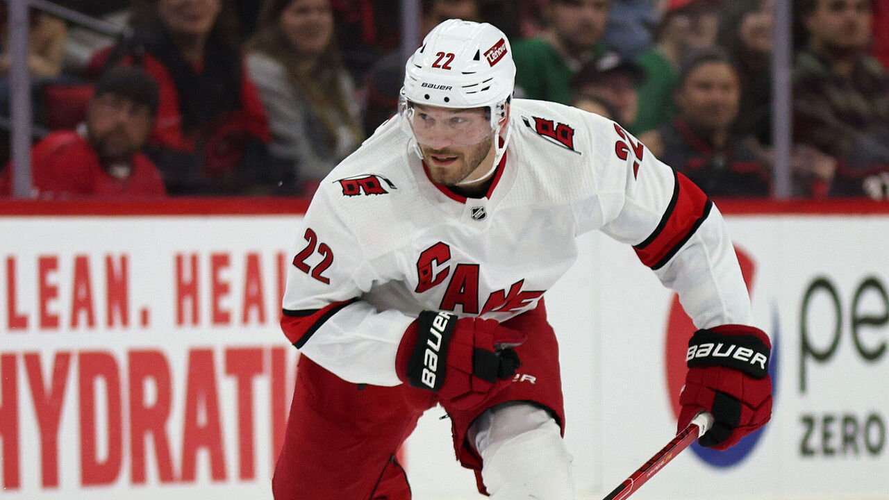 RALEIGH, NORTH CAROLINA - SEPTEMBER 27: Brett Pesce #22 of the Carolina Hurricanes skates without the puck during the third period of their game against the Florida Panthers at PNC Arena on September 27, 2023 in Raleigh, North Carolina.