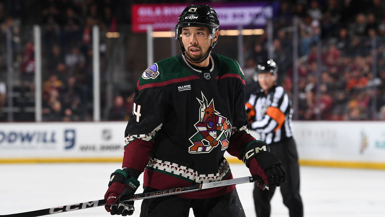 TEMPE, ARIZONA - OCTOBER 21: Matt Dumba #24 of the Arizona Coyotes skates up ice against the Anaheim Ducks at Mullett Arena on October 21, 2023 in Tempe, Arizona.