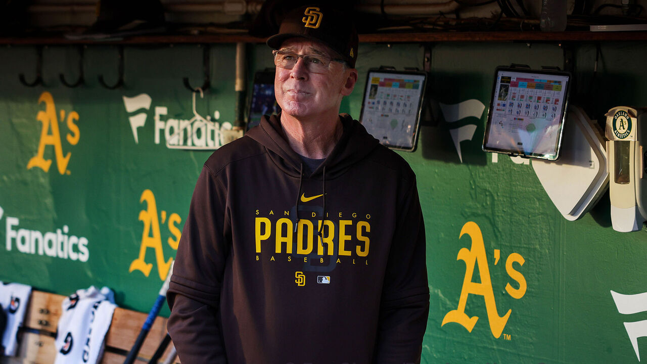 San Diego Padres manager Bob Melvin looks on from the dugout before their MLB game against the Oakland Athletics at the Coliseum in Oakland, Calif., on Friday, Sept. 15, 2023.