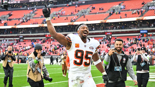 CLEVELAND, OHIO - OCTOBER 15: Myles Garrett #95 of the Cleveland Browns reacts after his team's 19-17 win against the San Francisco 49ers at Cleveland Browns Stadium on October 15, 2023 in Cleveland, Ohio.