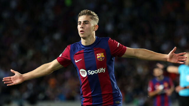 Barcelona's Spanish midfielder #32 Fermin Lopez celebrates scoring his team's second goal during the UEFA Champions League 1st round Group H football match between FC Barcelona and Shakhtar Donetsk at the Estadi Olimpic Lluis Companys in Barcelona on October 25, 2023.