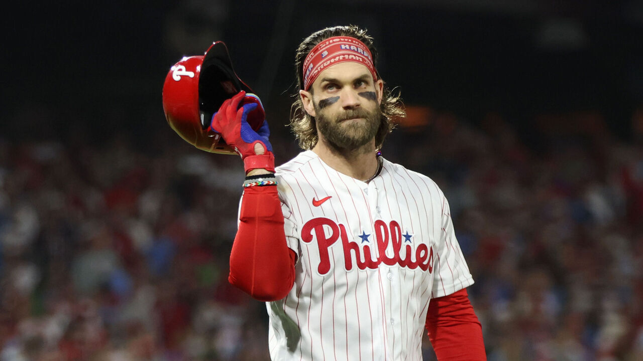 PHILADELPHIA, PA - OCTOBER 24: Bryce Harper #3 of the Philadelphia Phillies reacts to flying out in the seventh inning during Game 7 of the NLCS between the Arizona Diamondbacks and the Philadelphia Phillies at Citizens Bank Park on Tuesday, October 24, 2023 in Philadelphia, Pennsylvania.