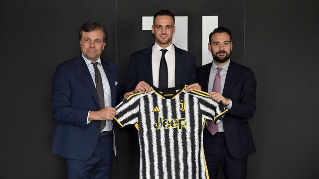 TURIN, ITALY - OCTOBER 25: Cristiano Giuntoli, Federico Gatti and Giovanni Manna pose at Juventus Headquarters on October 25, 2023 in Turin, Italy.