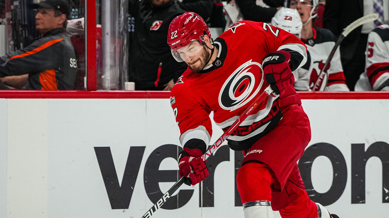 RALEIGH, NORTH CAROLINA - MAY 11: Brett Pesce #22 of the Carolina Hurricanes shoots the puck during the first period against the New Jersey Devils in Game Five of the Second Round of the 2023 Stanley Cup Playoffs at PNC Arena on May 11, 2023 in Raleigh, North Carolina.