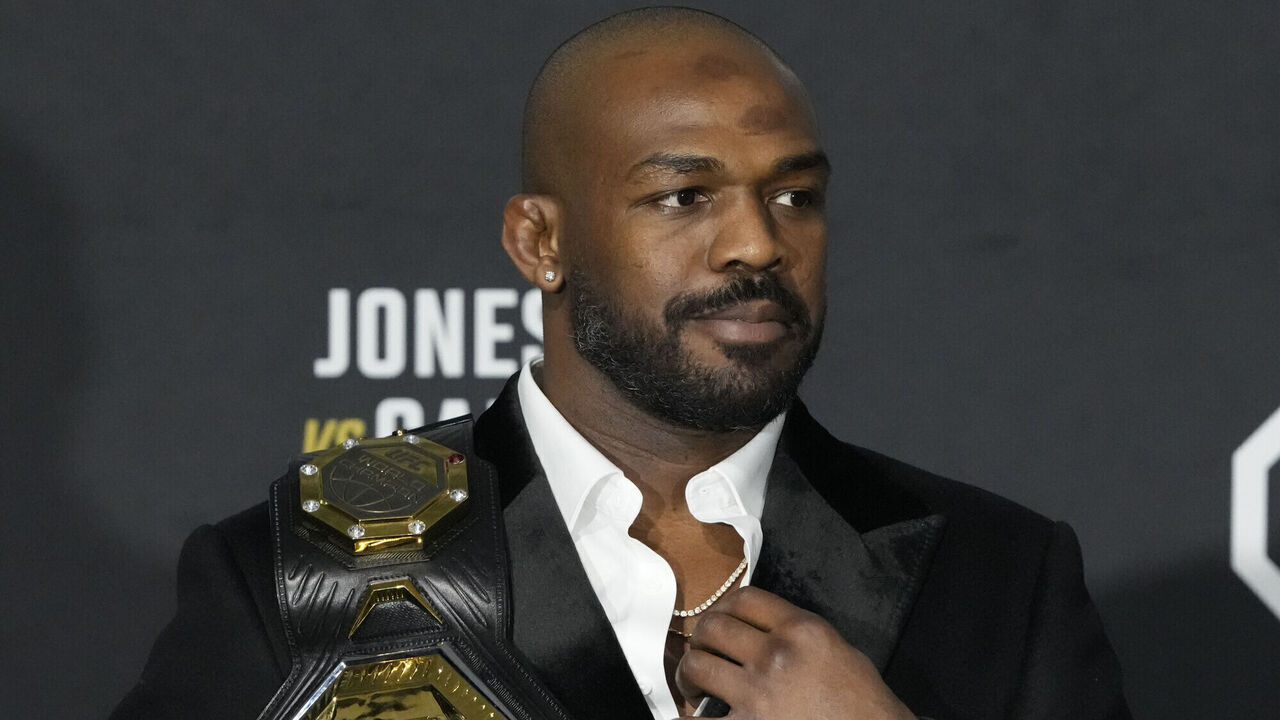 LAS VEGAS, NV - March 5: Jon Jones meets with the media following his win over Cyril Gane at T-Mobile Arena for UFC 285 -Jones vs Gane : Event on March 5, 2023 in Las Vegas, NV, United States.