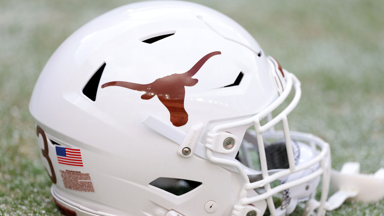 TUSCALOOSA, ALABAMA - SEPTEMBER 09: A close-up of a helmet of the Texas Longhorns on the field prior to a game against the Alabama Crimson Tide at Bryant-Denny Stadium on September 09, 2023 in Tuscaloosa, Alabama.