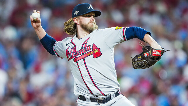 PHILADELPHIA, PENNSYLVANIA - OCTOBER 12: Pierce Johnson #38 of the Atlanta Braves pitches against the Philadelphia Phillies during the eighth inning in Game Four of the Division Series at Citizens Bank Park on October 12, 2023 in Philadelphia, Pennsylvania.