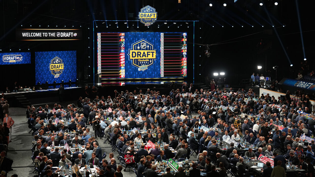 NASHVILLE, TENNESSEE - JUNE 29: A general view of the draft floor is seen during the 2023 Upper Deck NHL Draft - Rounds 2-7 at Bridgestone Arena on June 29, 2023 in Nashville, Tennessee.