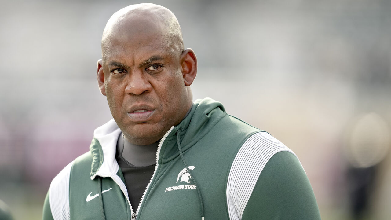 EAST LANSING, MICHIGAN - NOVEMBER 19: Head coach Mel Tucker of the Michigan State Spartans looks on against the Indiana Hoosiers at Spartan Stadium on November 19, 2022 in East Lansing, Michigan.