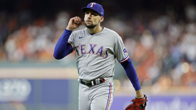 HOUSTON, TEXAS - OCTOBER 16: Nathan Eovaldi #17 of the Texas Rangers reacts against the Houston Astros during the second inning in Game Two of the American League Championship Series at Minute Maid Park on October 16, 2023 in Houston, Texas.