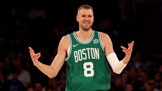 NEW YORK, NEW YORK - OCTOBER 25: Kristaps Porzingis #8 of the Boston Celtics celebrates his three point shot in the first quarter against the New York Knicks at Madison Square Garden on October 25, 2023 in New York City.