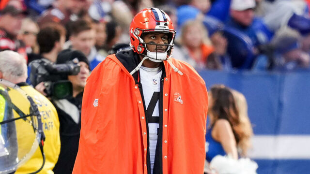 INDIANAPOLIS, INDIANA - OCTOBER 22: Deshaun Watson #4 of the Cleveland Browns looks on from the sideline in the fourth quarter against the Indianapolis Colts at Lucas Oil Stadium on October 22, 2023 in Indianapolis, Indiana.