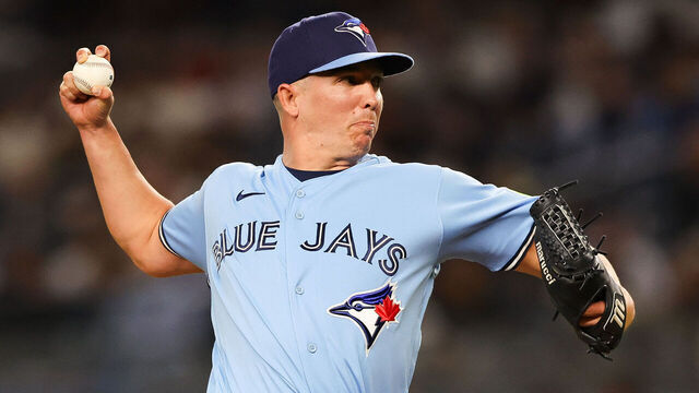 BRONX, NY - SEPTEMBER 20: Toronto Blue Jays Pitcher Chad Green (37) delivers a pitch during a game between the Toronto Blue Jays and New York Yankees on September 20, 2023 at Yankee Stadium in the Bronx, New York.