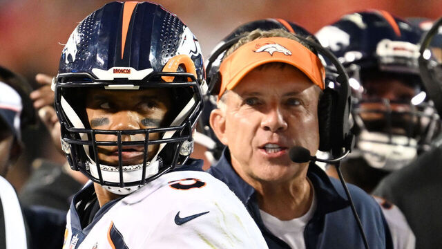 KANSAS CITY, MISSOURI - OCTOBER 12: Denver Broncos quarterback Russell Wilson (3), left, and Denver Broncos head coach Sean Payton lost their fifth game of the season at GEHA Field at Arrowhead on October 12, 2023 in Kansas City, Missouri. The Kansas City Chiefs beat the Denver Broncos 19 to 8 during week 6 of the NFL season in Kansas City, Missouri.