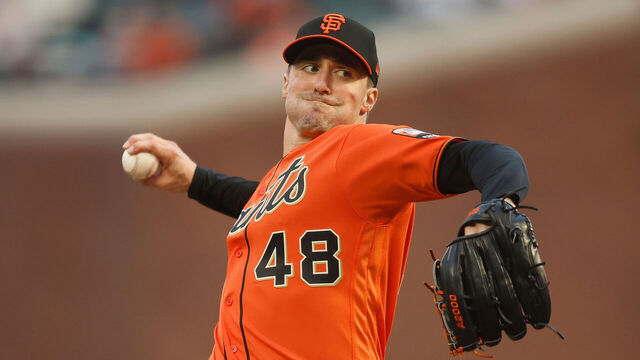 SAN FRANCISCO, CALIFORNIA - AUGUST 11: Ross Stripling #48 of the San Francisco Giants pitches against the Texas Rangers at Oracle Park on August 11, 2023 in San Francisco, California.