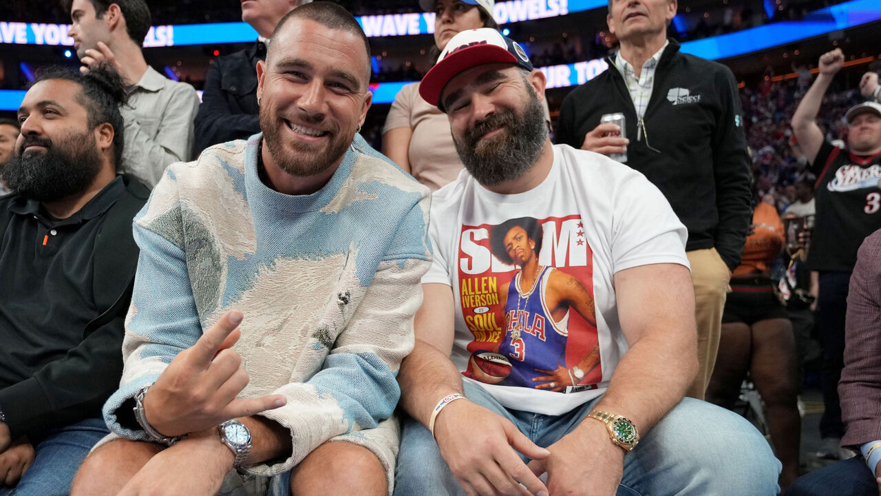 PHILADELPHIA, PA - MAY 11: Travis Kelce and Jason Kelce attend a game before the game against the Boston Celtics against the Philadelphia 76ers during Game 6 of the 2023 NBA Playoffs Eastern Conference semi-finals on May 11, 2023 at the Wells Fargo Center in Philadelphia, Pennsylvania NOTE TO USER: User expressly acknowledges and agrees that, by downloading and/or using this Photograph, user is consenting to the terms and conditions of the Getty Images License Agreement. Mandatory Copyright Notice: Copyright 2023 NBAE
