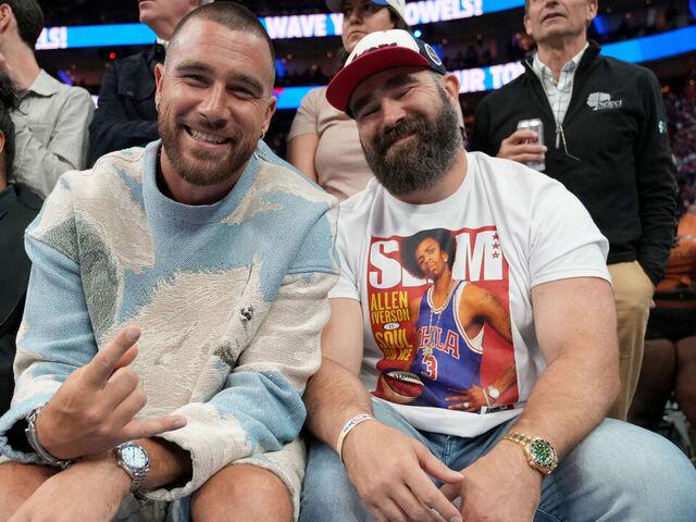 PHILADELPHIA, PA - MAY 11: Travis Kelce and Jason Kelce attend a game before the game against the Boston Celtics against the Philadelphia 76ers during Game 6 of the 2023 NBA Playoffs Eastern Conference semi-finals on May 11, 2023 at the Wells Fargo Center in Philadelphia, Pennsylvania NOTE TO USER: User expressly acknowledges and agrees that, by downloading and/or using this Photograph, user is consenting to the terms and conditions of the Getty Images License Agreement. Mandatory Copyright Notice: Copyright 2023 NBAE