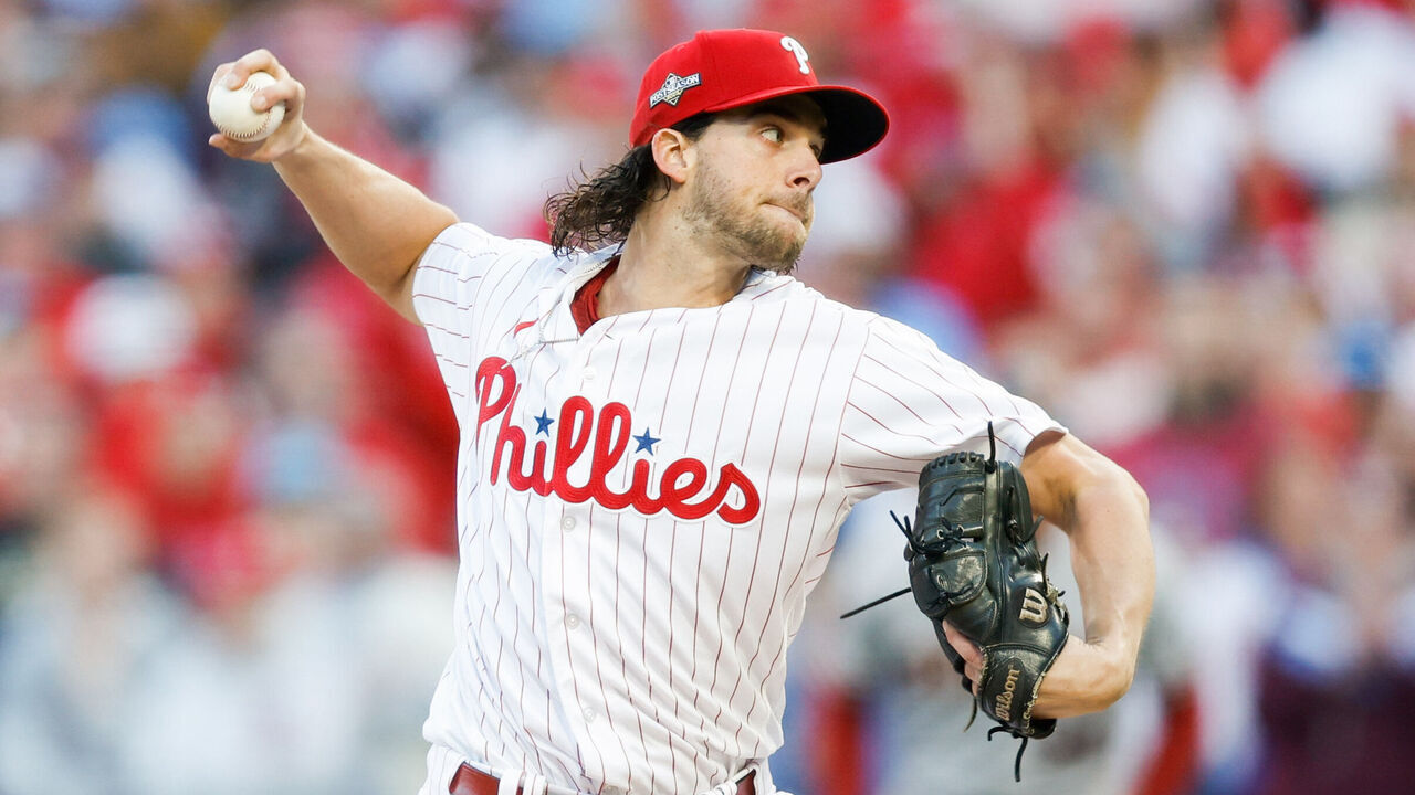 PHILADELPHIA, PA - OCTOBER 23: Aaron Nola #27 of the Philadelphia Phillies pitches during Game 6 of the NLCS between the Arizona Diamondbacks and the Philadelphia Phillies at Citizens Bank Park on Monday, October 23, 2023 in Philadelphia, Pennsylvania.