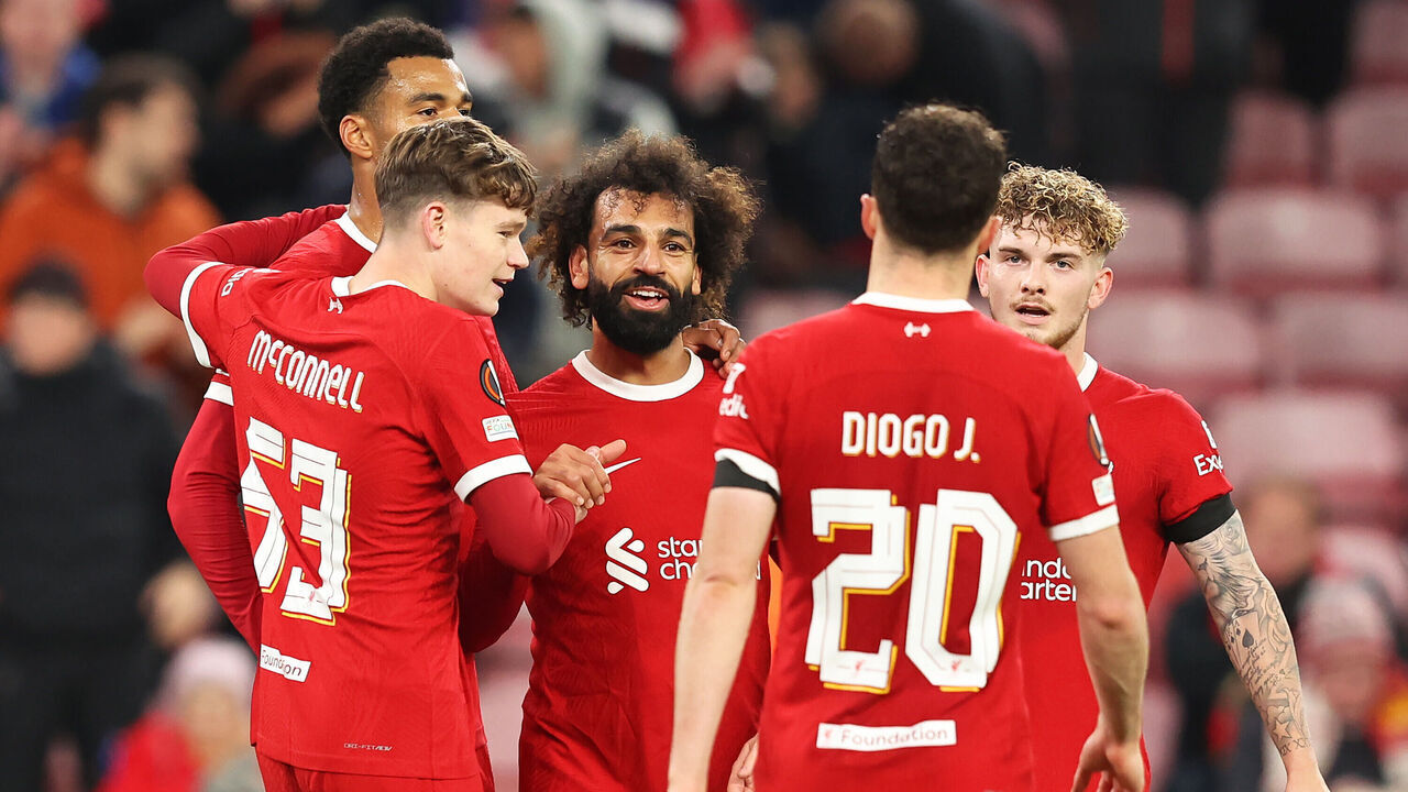 LIVERPOOL, ENGLAND - OCTOBER 26: Mohamed Salah of Liverpool celebrates with teammates after scoring the team's fifth goal during the UEFA Europa League 2023/24 match between Liverpool FC and Toulouse FC at Anfield on October 26, 2023 in Liverpool, England.