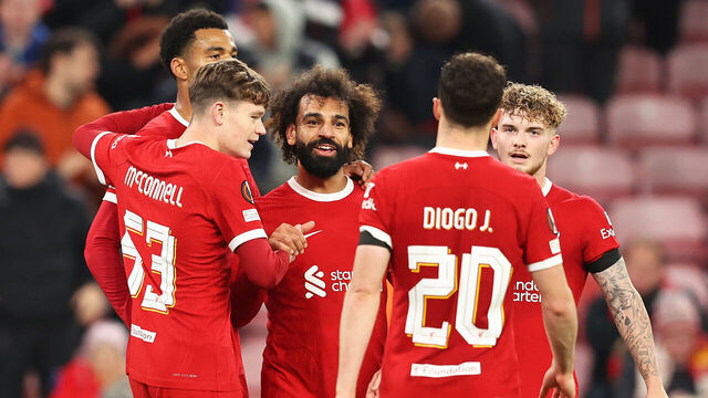 LIVERPOOL, ENGLAND - OCTOBER 26: Mohamed Salah of Liverpool celebrates with teammates after scoring the team's fifth goal during the UEFA Europa League 2023/24 match between Liverpool FC and Toulouse FC at Anfield on October 26, 2023 in Liverpool, England.