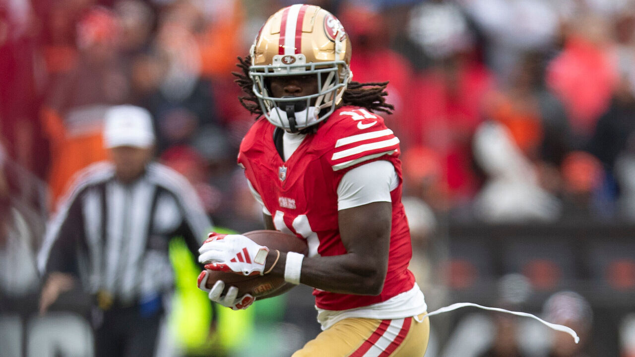 CLEVELAND, OH - OCTOBER 15: Brandon Aiyuk #11 of the San Francisco 49ers runs after making a catch during the game against the Cleveland Browns at Cleveland Browns Stadium on October 15, 2023 in Cleveland, Ohio. The Browns defeated the 49ers 19-17.