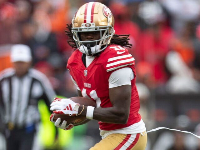 CLEVELAND, OH - OCTOBER 15: Brandon Aiyuk #11 of the San Francisco 49ers runs after making a catch during the game against the Cleveland Browns at Cleveland Browns Stadium on October 15, 2023 in Cleveland, Ohio. The Browns defeated the 49ers 19-17.