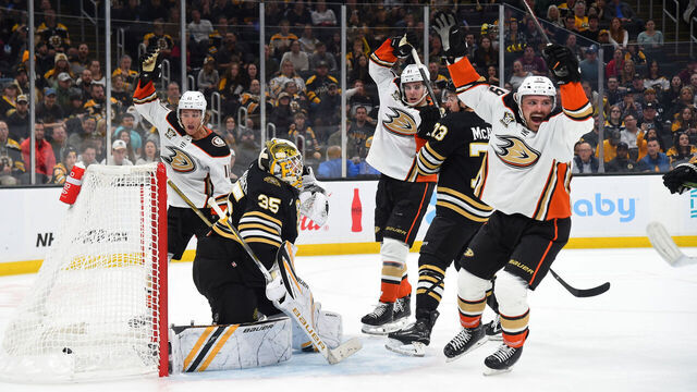 BOSTON, MASSACHUSETTS - OCTOBER 26: Trevor Zegras #11, Leo Carlsson #91 and Sam Carrick #39 of the Anaheim Ducks celebrate the goal to tie the game against the Boston Bruins on October 26, 2023 at the TD Garden in Boston, Massachusetts.