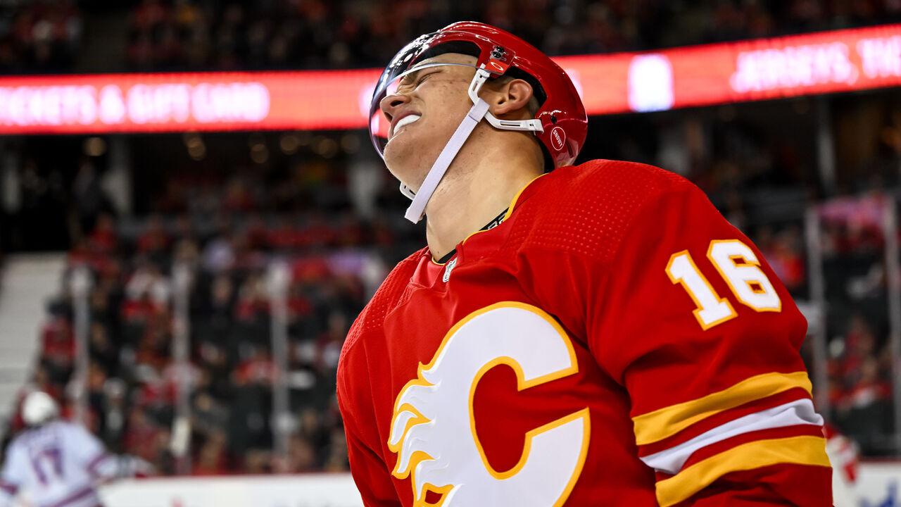CALGARY, AB - OCTOBER 24: Calgary Flames Defenceman Nikita Zadorov (16) reacts after being called for a penalty during the second period of an NHL game between the Calgary Flames and the New York Rangers on October 24, 2023, at the Scotiabank Saddledome in Calgary, AB.