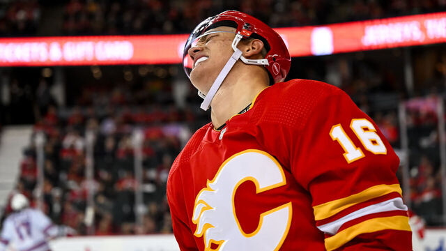 CALGARY, AB - OCTOBER 24: Calgary Flames Defenceman Nikita Zadorov (16) reacts after being called for a penalty during the second period of an NHL game between the Calgary Flames and the New York Rangers on October 24, 2023, at the Scotiabank Saddledome in Calgary, AB.