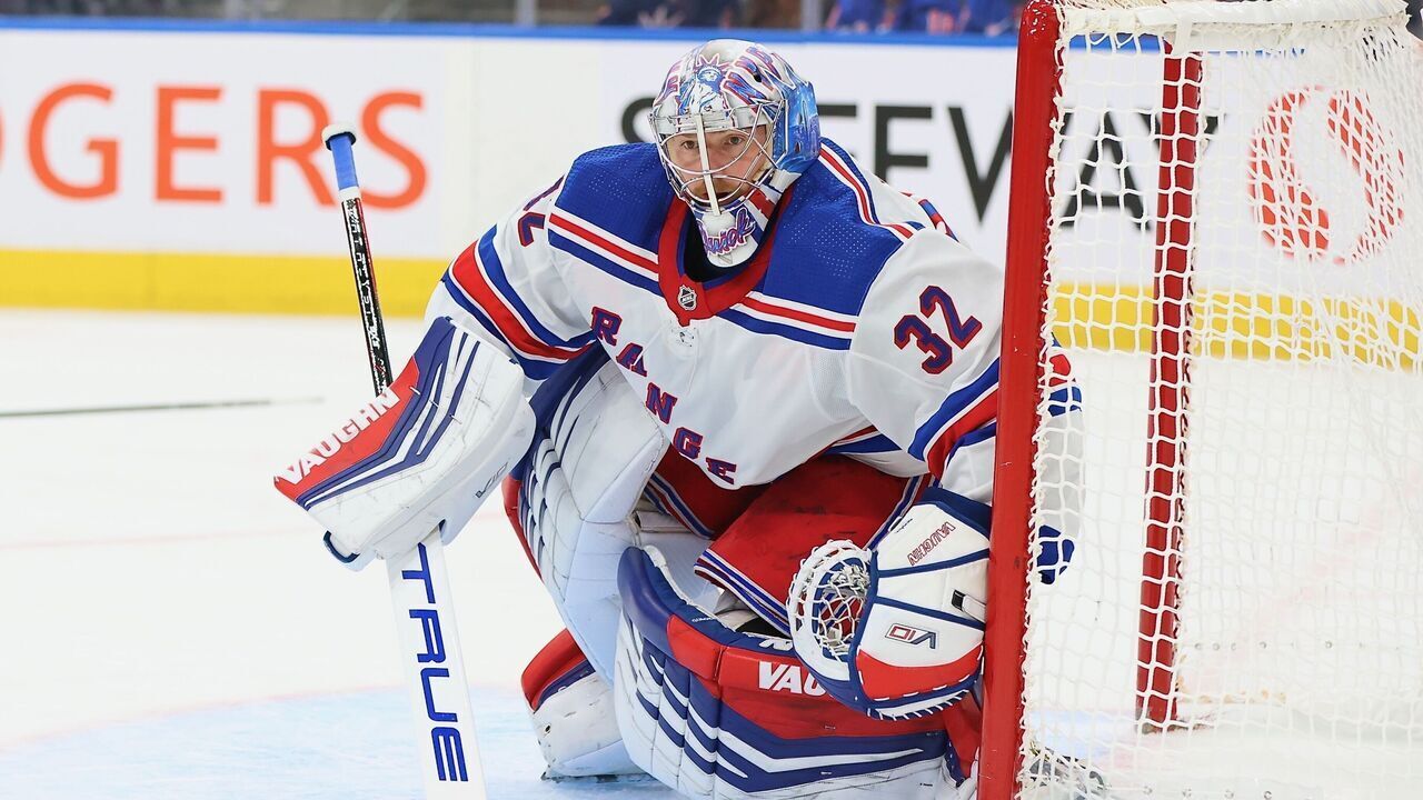 EDMONTON, CANADA - OCTOBER 26: Jonathan Quick #32 of the New York Rangers set up to make a save in the second period against the Edmonton OilersM on October 26, 2023 at Rogers Place in Edmonton, Alberta, Canada.