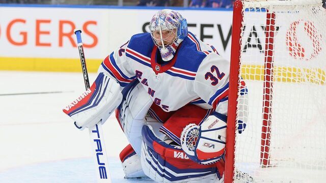 EDMONTON, CANADA - OCTOBER 26: Jonathan Quick #32 of the New York Rangers set up to make a save in the second period against the Edmonton OilersM on October 26, 2023 at Rogers Place in Edmonton, Alberta, Canada.