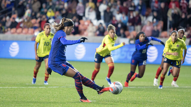 SANDY, UT - OCTOBER 26: Alex Morgan #13 of the United States attempts a penalty kick against Columbia during the first half of their game at America First Field on October 26 2023 in Sandy, Utah.