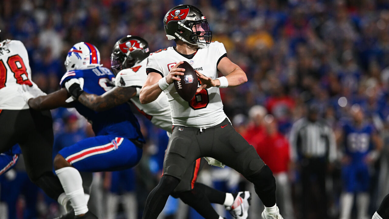 ORCHARD PARK, NY - OCTOBER 26: Baker Mayfield #6 of the Tampa Bay Buccaneers looks to throw the football during the first half against the Buffalo Bills at Highmark Stadium on October 26, 2023 in Orchard Park, New York.