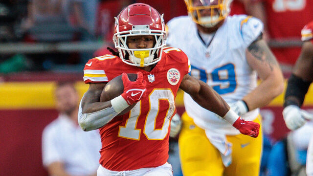 KANSAS CITY, MO - OCTOBER 22: Kansas City Chiefs running back Isiah Pacheco (10) runs the ball during the second half against the Los Angeles Chargers on October 22, 2023 at GEHA Field at Arrowhead Stadium in Kansas City, Missouri.